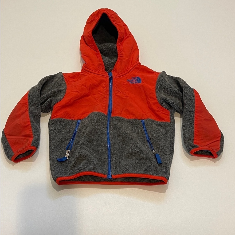 The North Face Denali Red and Gray Kids Hooded Fleece Jacket with Blue Zippers